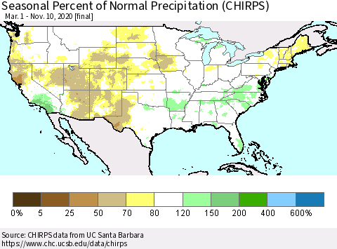 United States Seasonal Percent of Normal Precipitation (CHIRPS) Thematic Map For 3/1/2020 - 11/10/2020