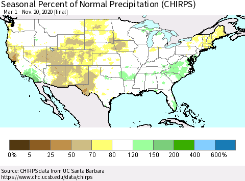 United States Seasonal Percent of Normal Precipitation (CHIRPS) Thematic Map For 3/1/2020 - 11/20/2020