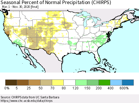 United States Seasonal Percent of Normal Precipitation (CHIRPS) Thematic Map For 3/1/2020 - 11/30/2020