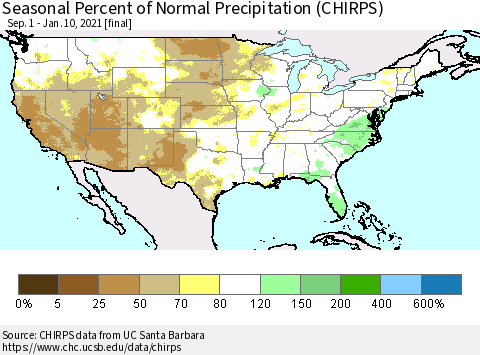 United States Seasonal Percent of Normal Precipitation (CHIRPS) Thematic Map For 9/1/2020 - 1/10/2021