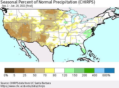 United States Seasonal Percent of Normal Precipitation (CHIRPS) Thematic Map For 9/1/2020 - 1/20/2021