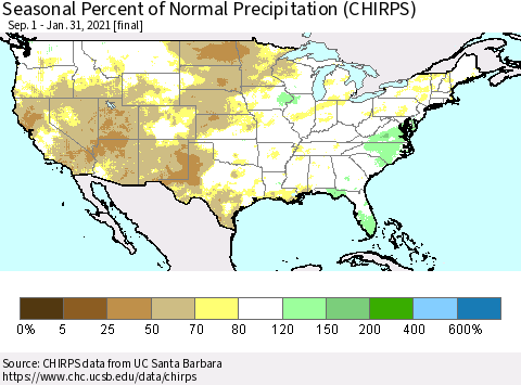 United States Seasonal Percent of Normal Precipitation (CHIRPS) Thematic Map For 9/1/2020 - 1/31/2021