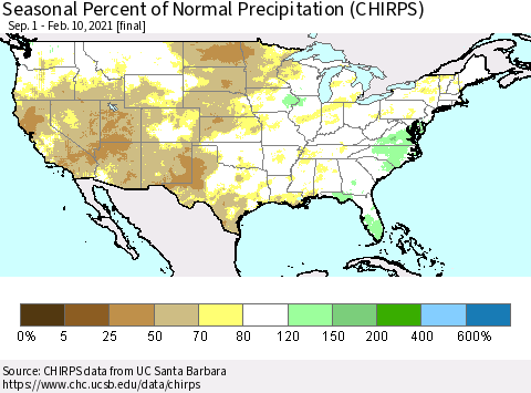 United States Seasonal Percent of Normal Precipitation (CHIRPS) Thematic Map For 9/1/2020 - 2/10/2021