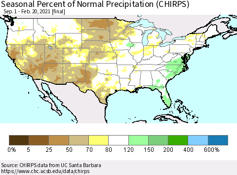 United States Seasonal Percent of Normal Precipitation (CHIRPS) Thematic Map For 9/1/2020 - 2/20/2021
