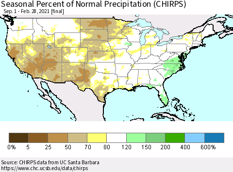 United States Seasonal Percent of Normal Precipitation (CHIRPS) Thematic Map For 9/1/2020 - 2/28/2021