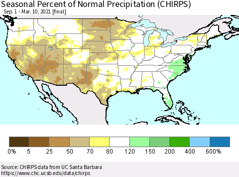 United States Seasonal Percent of Normal Precipitation (CHIRPS) Thematic Map For 9/1/2020 - 3/10/2021