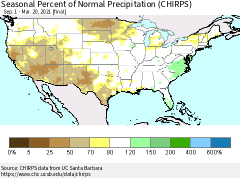 United States Seasonal Percent of Normal Precipitation (CHIRPS) Thematic Map For 9/1/2020 - 3/20/2021