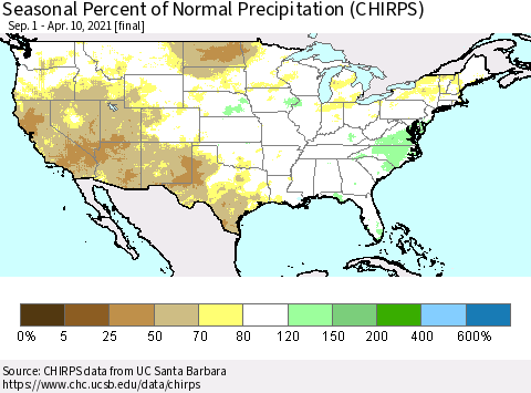 United States Seasonal Percent of Normal Precipitation (CHIRPS) Thematic Map For 9/1/2020 - 4/10/2021