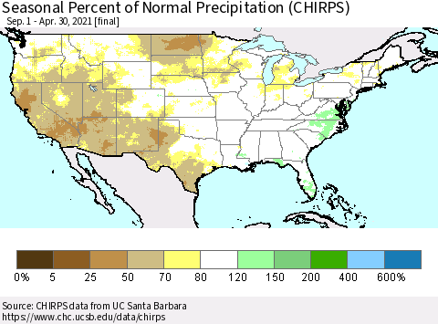 United States Seasonal Percent of Normal Precipitation (CHIRPS) Thematic Map For 9/1/2020 - 4/30/2021