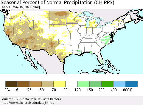 United States Seasonal Percent of Normal Precipitation (CHIRPS) Thematic Map For 9/1/2020 - 5/10/2021