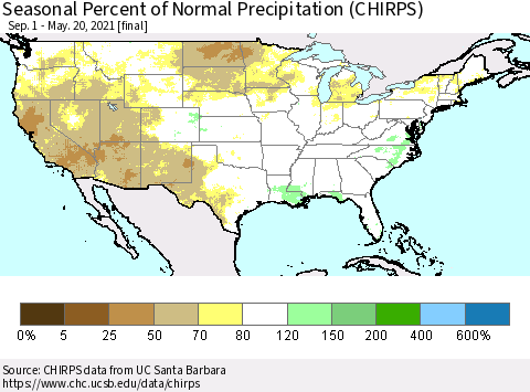 United States Seasonal Percent of Normal Precipitation (CHIRPS) Thematic Map For 9/1/2020 - 5/20/2021
