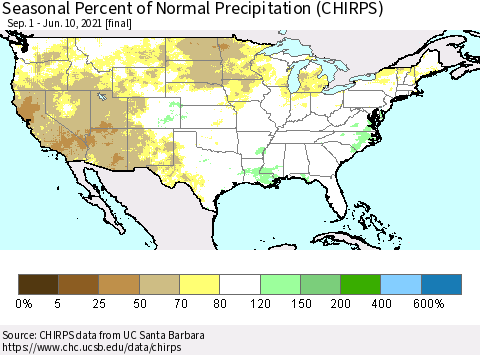 United States Seasonal Percent of Normal Precipitation (CHIRPS) Thematic Map For 9/1/2020 - 6/10/2021