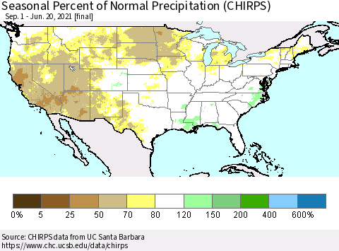 United States Seasonal Percent of Normal Precipitation (CHIRPS) Thematic Map For 9/1/2020 - 6/20/2021