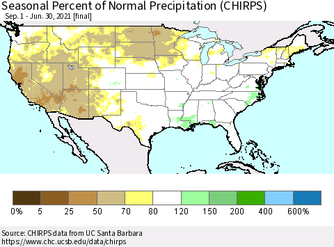 United States Seasonal Percent of Normal Precipitation (CHIRPS) Thematic Map For 9/1/2020 - 6/30/2021