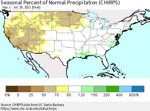United States Seasonal Percent of Normal Precipitation (CHIRPS) Thematic Map For 9/1/2020 - 7/20/2021