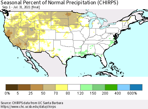United States Seasonal Percent of Normal Precipitation (CHIRPS) Thematic Map For 9/1/2020 - 7/31/2021
