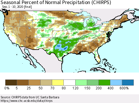 United States Seasonal Percent of Normal Precipitation (CHIRPS) Thematic Map For 9/1/2020 - 9/10/2020