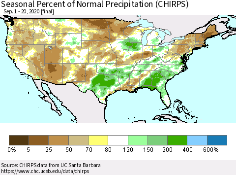 United States Seasonal Percent of Normal Precipitation (CHIRPS) Thematic Map For 9/1/2020 - 9/20/2020