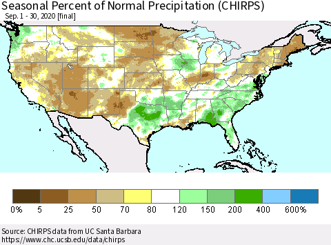 United States Seasonal Percent of Normal Precipitation (CHIRPS) Thematic Map For 9/1/2020 - 9/30/2020