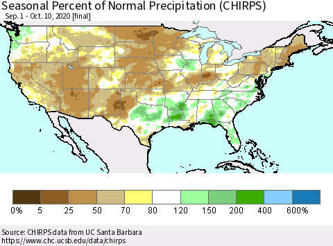 United States Seasonal Percent of Normal Precipitation (CHIRPS) Thematic Map For 9/1/2020 - 10/10/2020