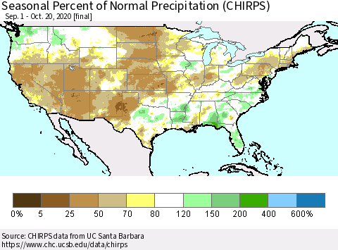 United States Seasonal Percent of Normal Precipitation (CHIRPS) Thematic Map For 9/1/2020 - 10/20/2020