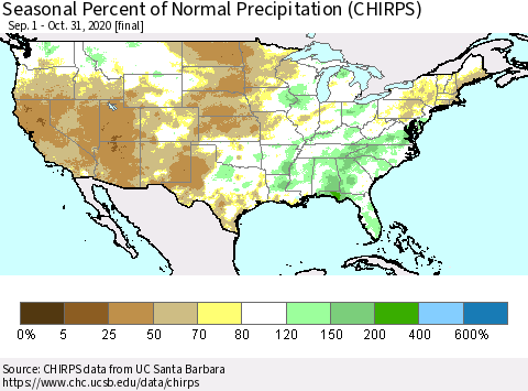 United States Seasonal Percent of Normal Precipitation (CHIRPS) Thematic Map For 9/1/2020 - 10/31/2020