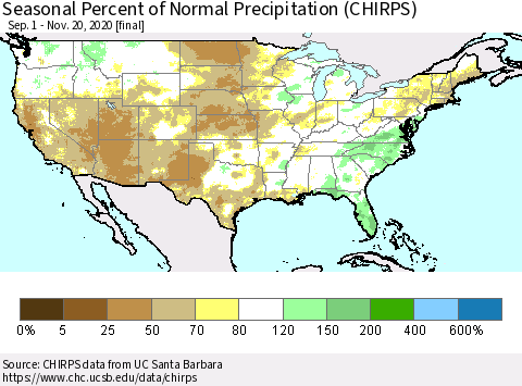 United States Seasonal Percent of Normal Precipitation (CHIRPS) Thematic Map For 9/1/2020 - 11/20/2020