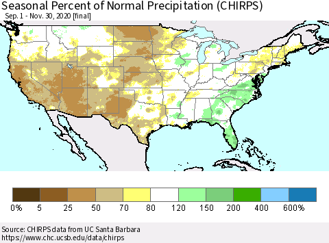 United States Seasonal Percent of Normal Precipitation (CHIRPS) Thematic Map For 9/1/2020 - 11/30/2020