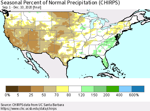 United States Seasonal Percent of Normal Precipitation (CHIRPS) Thematic Map For 9/1/2020 - 12/10/2020