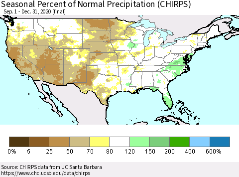 United States Seasonal Percent of Normal Precipitation (CHIRPS) Thematic Map For 9/1/2020 - 12/31/2020