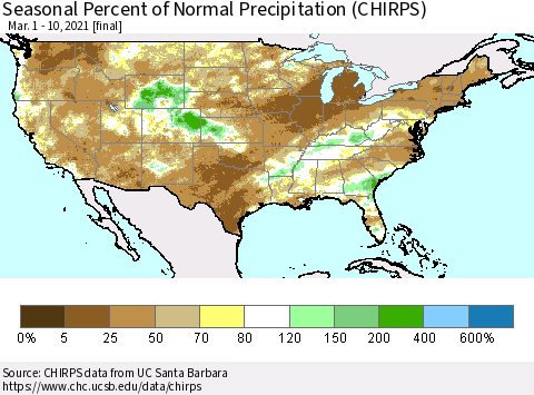 United States Seasonal Percent of Normal Precipitation (CHIRPS) Thematic Map For 3/1/2021 - 3/10/2021