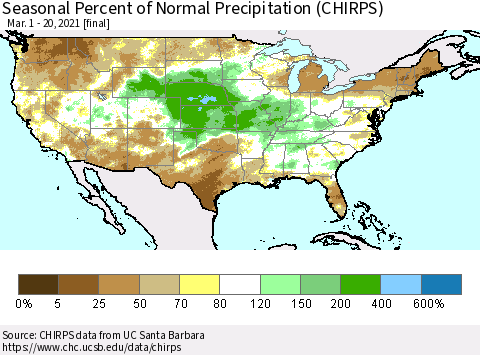 United States Seasonal Percent of Normal Precipitation (CHIRPS) Thematic Map For 3/1/2021 - 3/20/2021