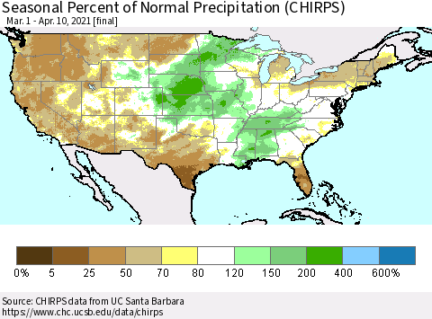 United States Seasonal Percent of Normal Precipitation (CHIRPS) Thematic Map For 3/1/2021 - 4/10/2021