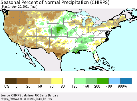 United States Seasonal Percent of Normal Precipitation (CHIRPS) Thematic Map For 3/1/2021 - 4/20/2021