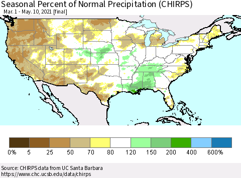 United States Seasonal Percent of Normal Precipitation (CHIRPS) Thematic Map For 3/1/2021 - 5/10/2021