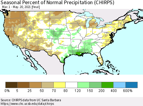United States Seasonal Percent of Normal Precipitation (CHIRPS) Thematic Map For 3/1/2021 - 5/20/2021