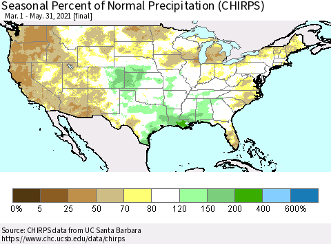 United States Seasonal Percent of Normal Precipitation (CHIRPS) Thematic Map For 3/1/2021 - 5/31/2021