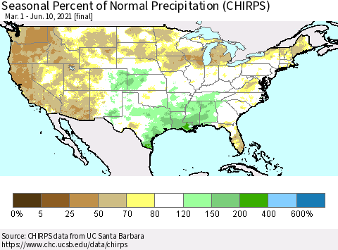 United States Seasonal Percent of Normal Precipitation (CHIRPS) Thematic Map For 3/1/2021 - 6/10/2021