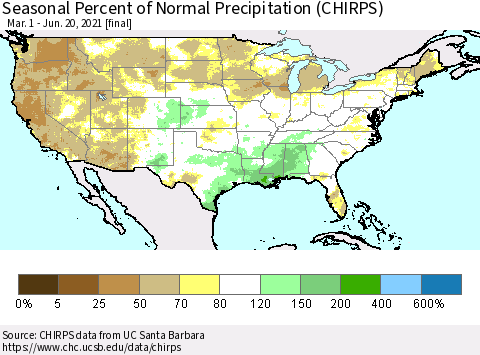 United States Seasonal Percent of Normal Precipitation (CHIRPS) Thematic Map For 3/1/2021 - 6/20/2021