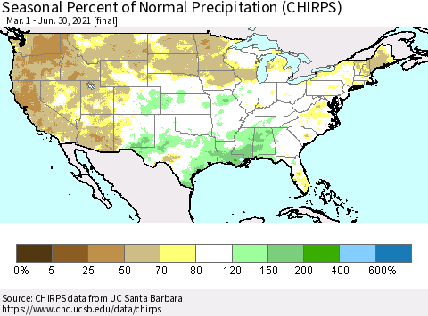 United States Seasonal Percent of Normal Precipitation (CHIRPS) Thematic Map For 3/1/2021 - 6/30/2021