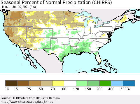 United States Seasonal Percent of Normal Precipitation (CHIRPS) Thematic Map For 3/1/2021 - 7/10/2021