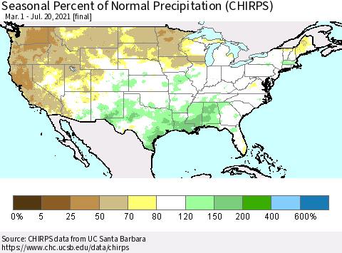 United States Seasonal Percent of Normal Precipitation (CHIRPS) Thematic Map For 3/1/2021 - 7/20/2021