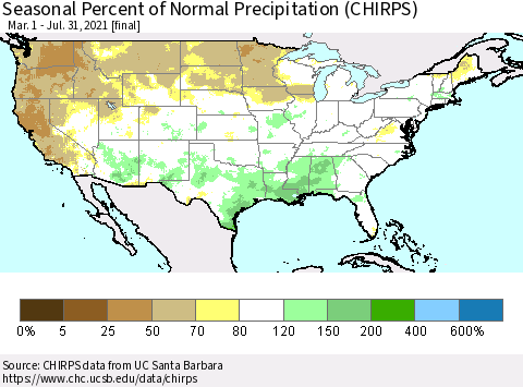 United States Seasonal Percent of Normal Precipitation (CHIRPS) Thematic Map For 3/1/2021 - 7/31/2021