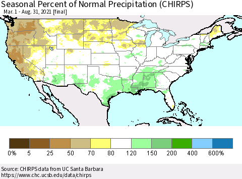 United States Seasonal Percent of Normal Precipitation (CHIRPS) Thematic Map For 3/1/2021 - 8/31/2021