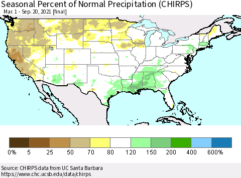 United States Seasonal Percent of Normal Precipitation (CHIRPS) Thematic Map For 3/1/2021 - 9/20/2021