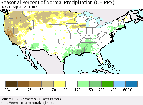 United States Seasonal Percent of Normal Precipitation (CHIRPS) Thematic Map For 3/1/2021 - 9/30/2021
