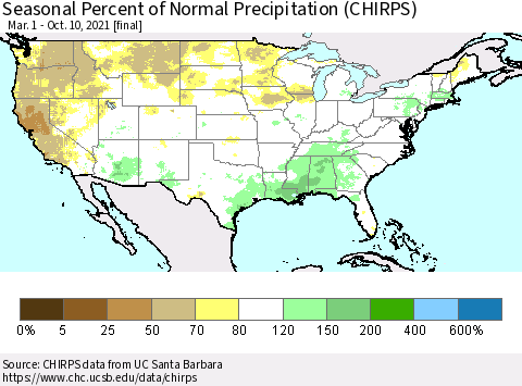United States Seasonal Percent of Normal Precipitation (CHIRPS) Thematic Map For 3/1/2021 - 10/10/2021