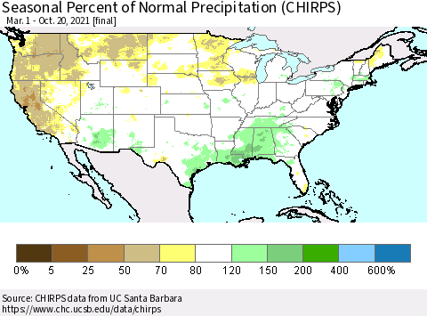 United States Seasonal Percent of Normal Precipitation (CHIRPS) Thematic Map For 3/1/2021 - 10/20/2021
