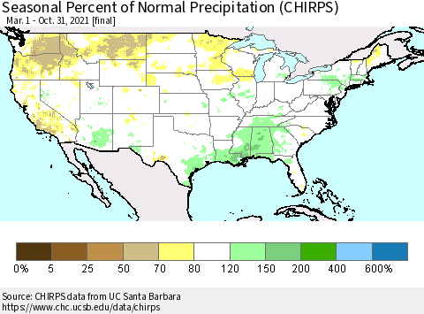 United States Seasonal Percent of Normal Precipitation (CHIRPS) Thematic Map For 3/1/2021 - 10/31/2021
