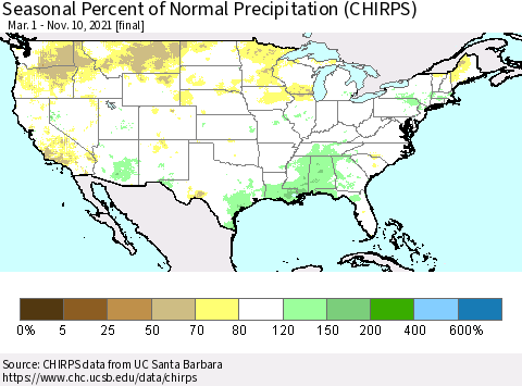 United States Seasonal Percent of Normal Precipitation (CHIRPS) Thematic Map For 3/1/2021 - 11/10/2021